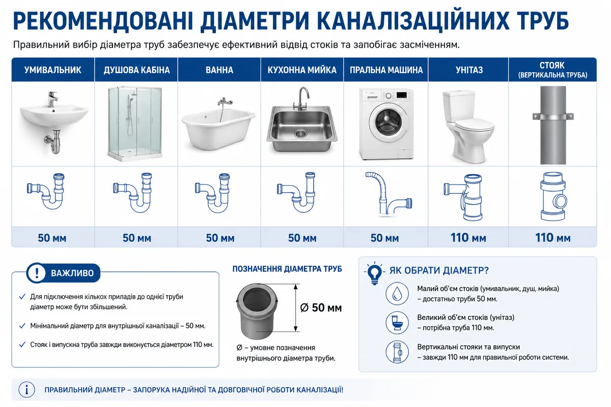 Рекомендовані діаметри каналізаційних труб для сантехнічних приладів