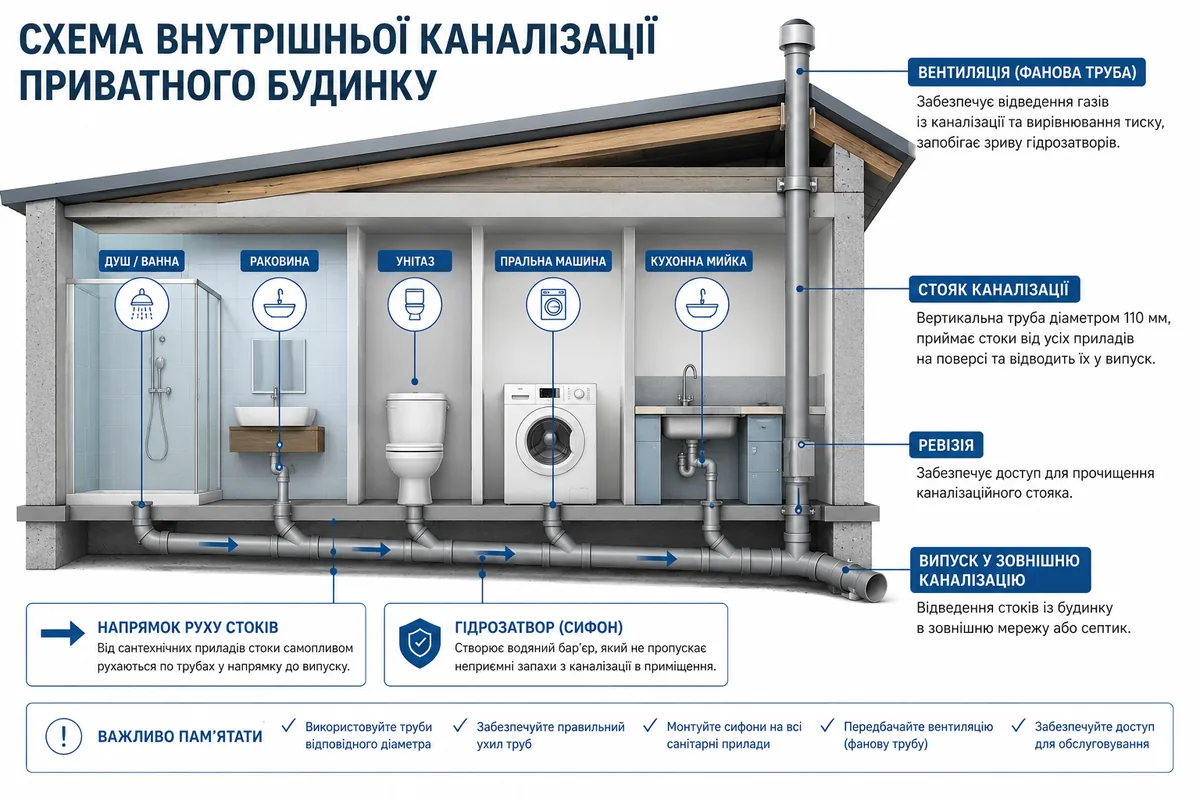 Схема внутрішньої каналізації приватного будинку з основними сантехнічними приладами