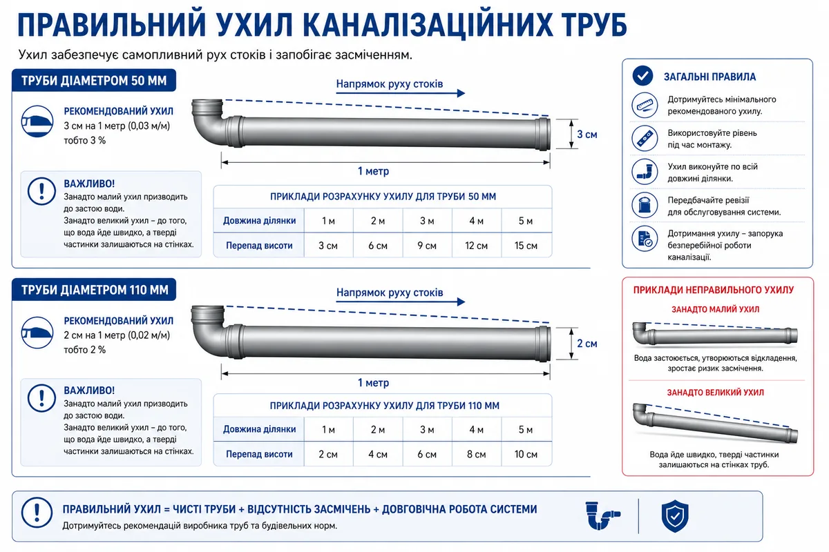 Правильний ухил каналізаційних труб діаметром 50 та 110 мм