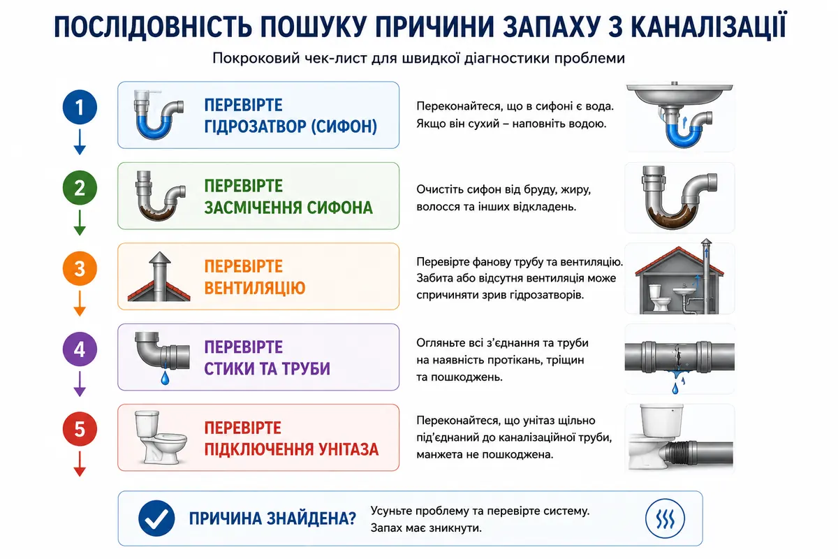 Послідовність пошуку причини запаху з каналізації