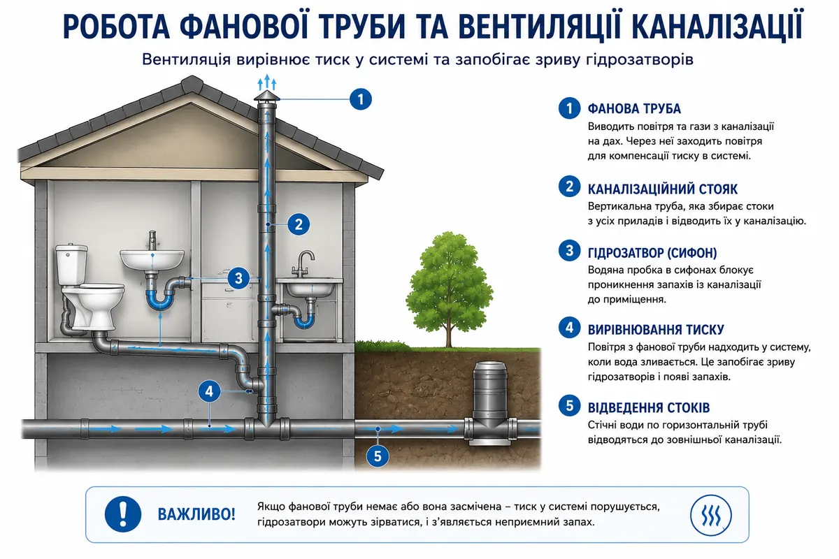 Робота фанової труби та вентиляції каналізації