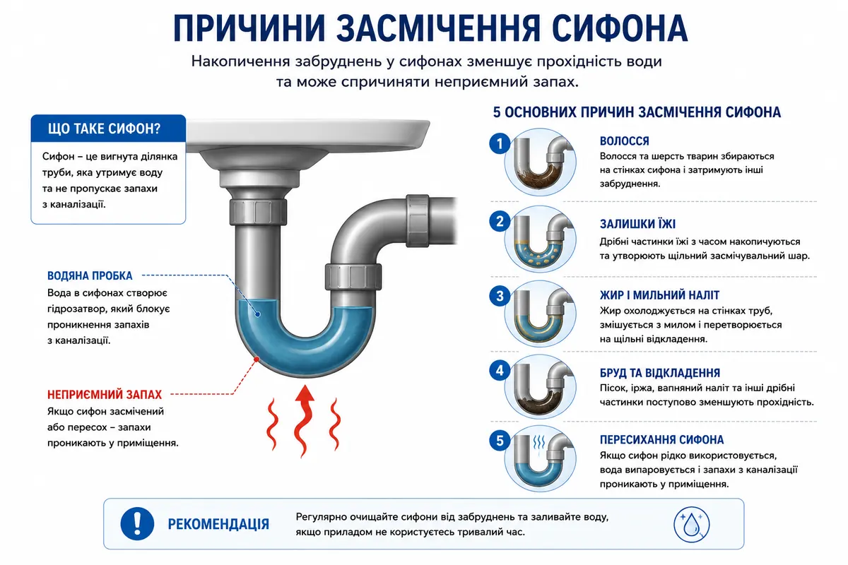 Основні причини засмічення сифона