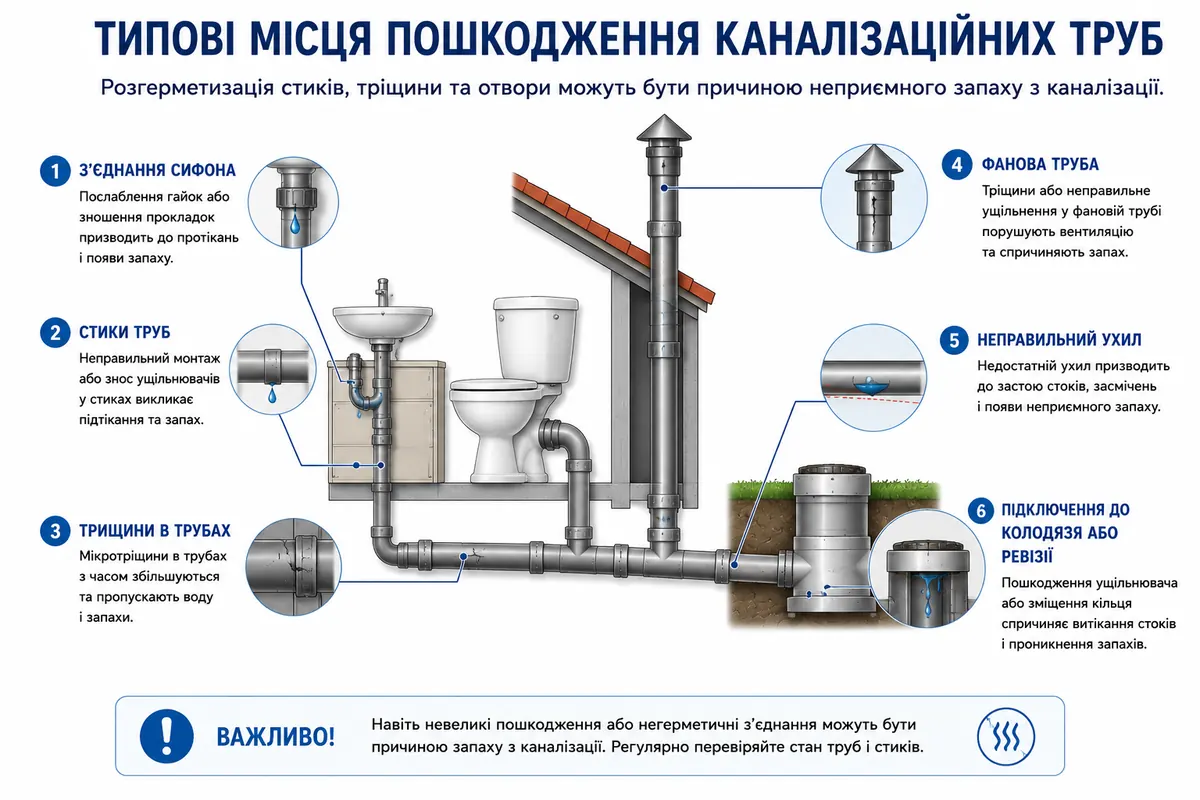 Типові місця пошкодження каналізаційних труб
