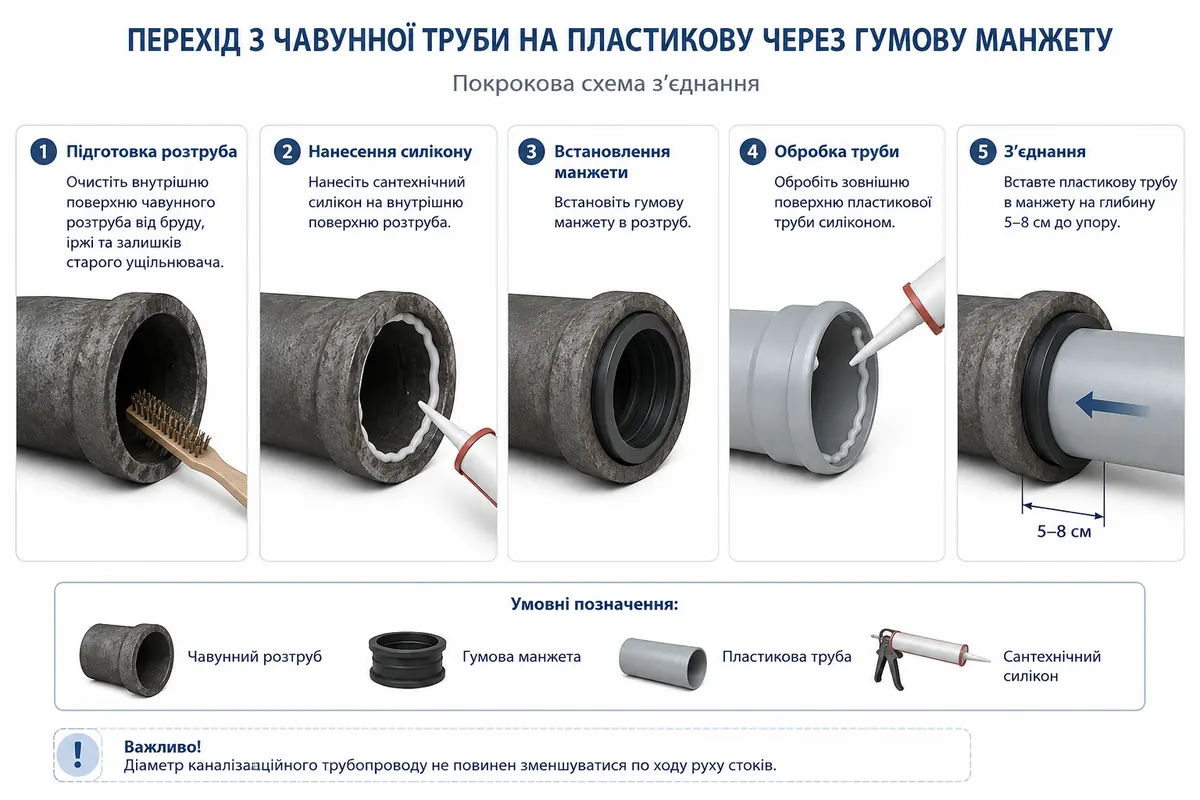 Покрокова схема переходу з чавунної труби на пластикову через гумову манжету
