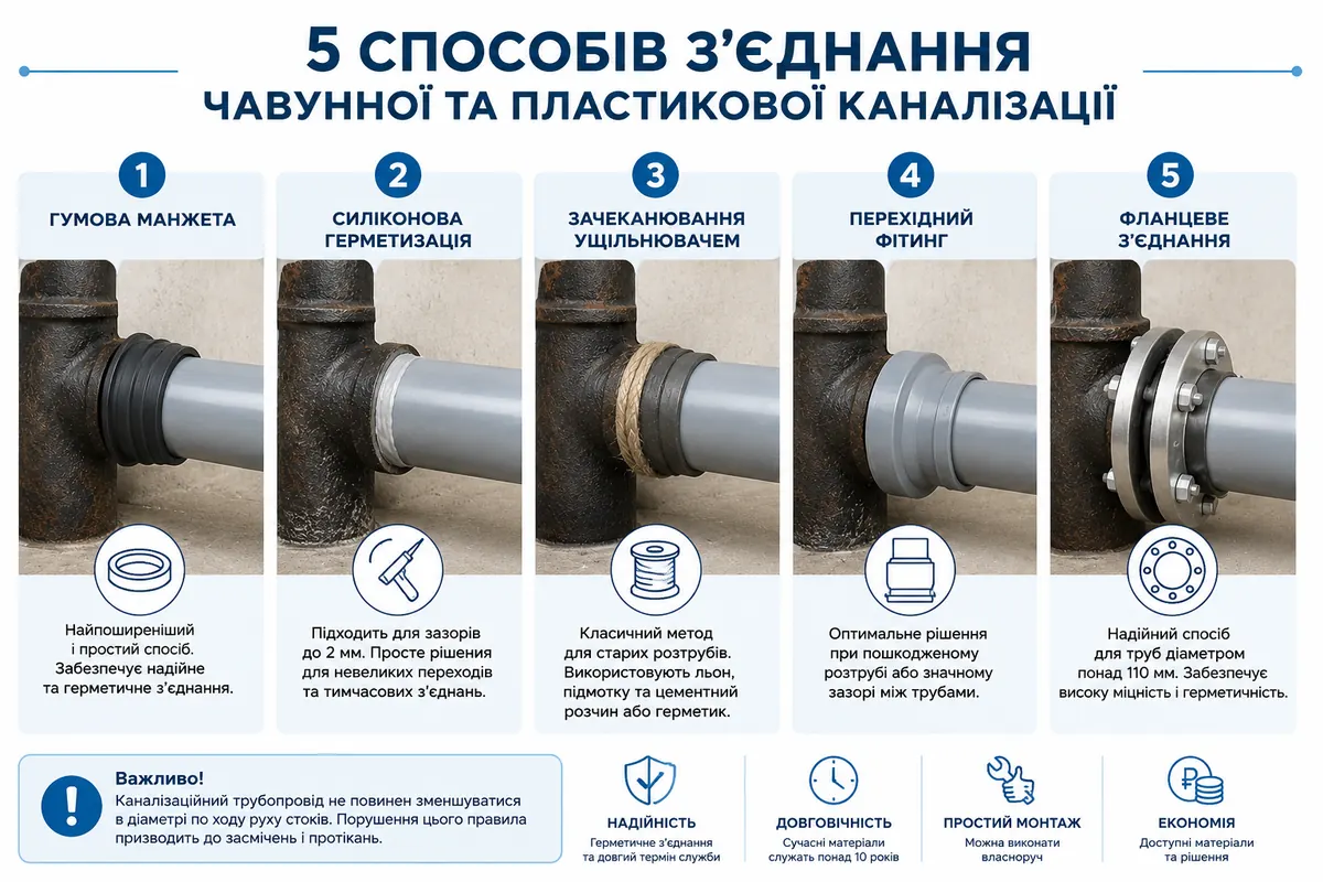5 способів з'єднання чавунної та пластикової каналізації